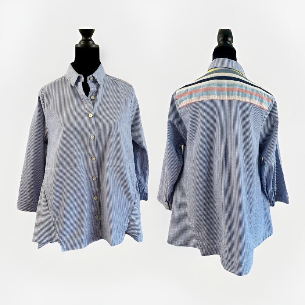 Alembika Swing Button-Down Shirt — S Blue Stripe Oversize Colorful Lagenlook Art